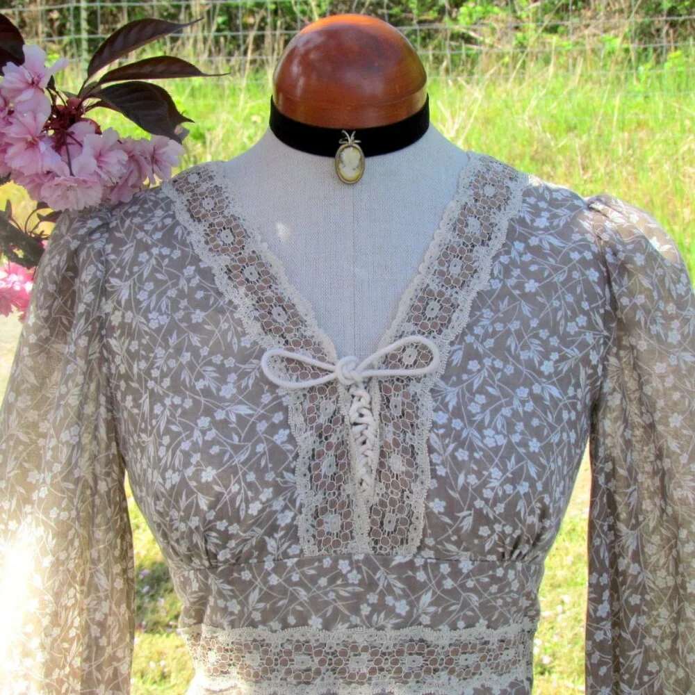 VICTORIAN COSTUME GOWN, S, WIDE SKIRT, FLORAL PRINT w LACE - VINTAGE ORIGINAL - Picture 2 of 9